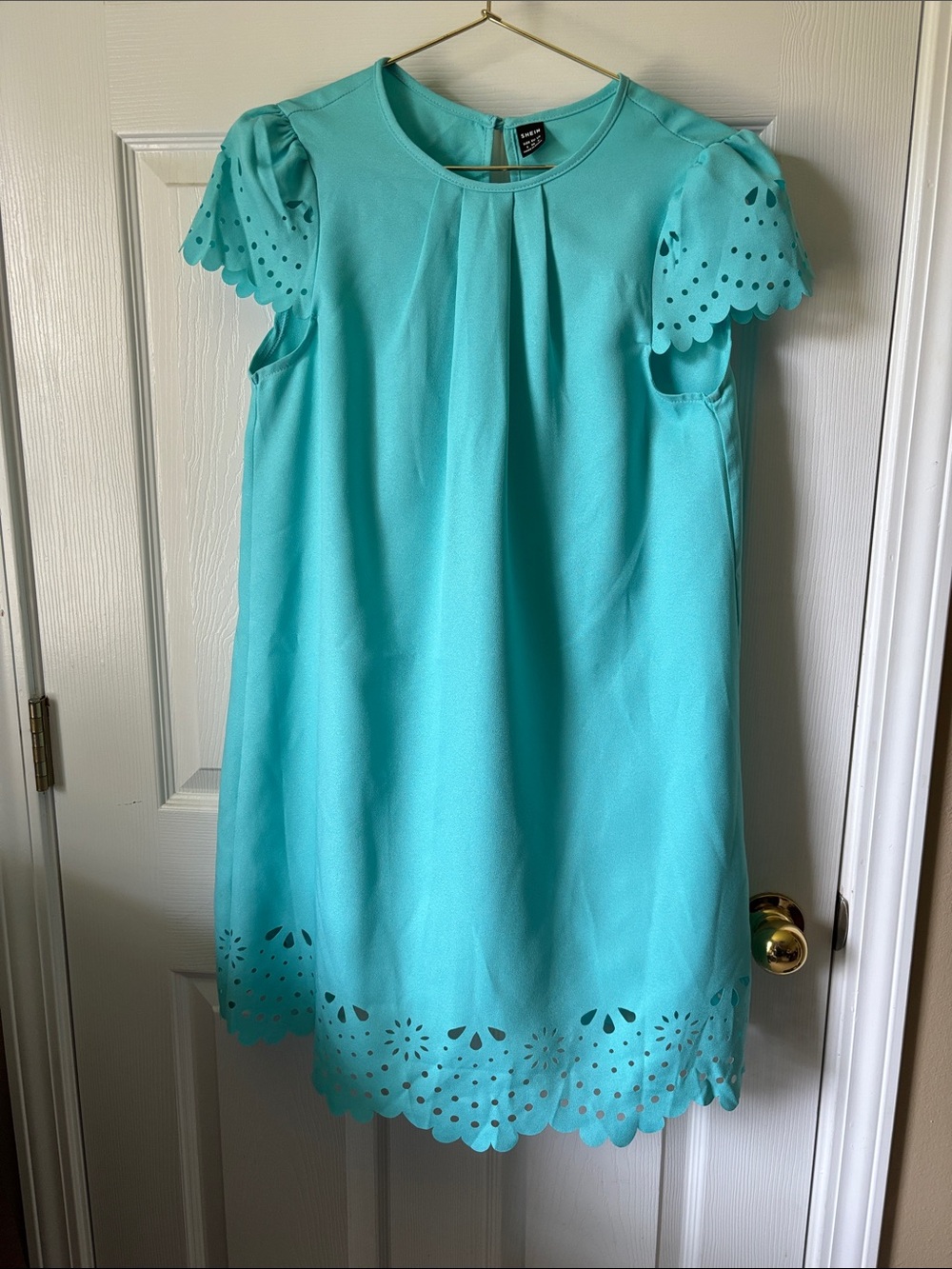 Shein Aqua Eyelet Scallop Hem Mini Dress Women’s Small Cap Sleeve Short Dress